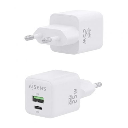 Cargador de Pared GaN Aisens ASCH-25W2P014-W/ 1xUSB Tipo-C/ 1xUSB/ 25W