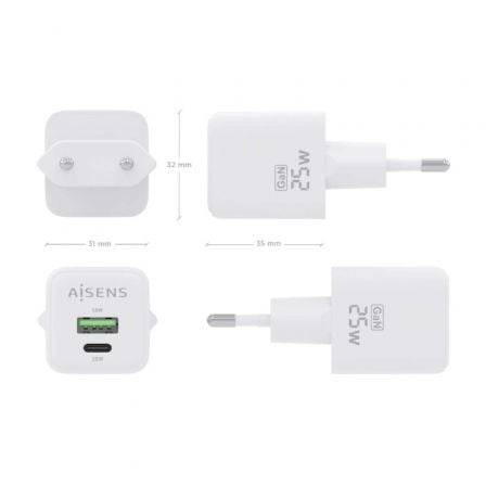 Cargador de Pared GaN Aisens ASCH-25W2P014-W/ 1xUSB Tipo-C/ 1xUSB/ 25W