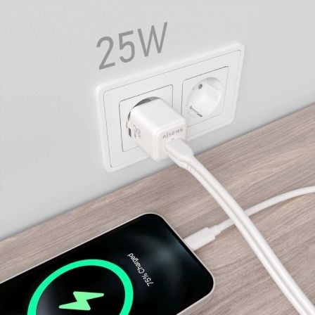Cargador de Pared GaN Aisens ASCH-25W2P014-W/ 1xUSB Tipo-C/ 1xUSB/ 25W