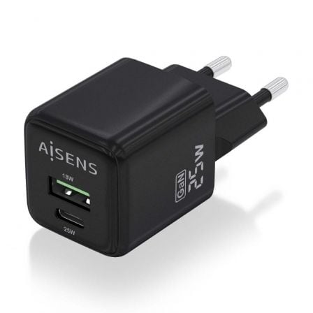 Cargador de Pared GaN Aisens ASCH-25W2P015-BK/ 1xUSB Tipo-C/ 1xUSB/ 25W