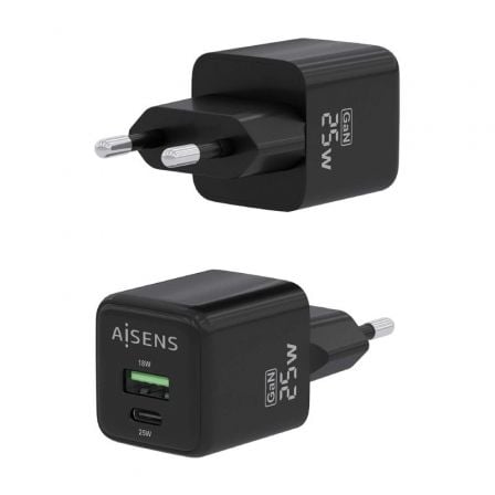 Cargador de Pared GaN Aisens ASCH-25W2P015-BK/ 1xUSB Tipo-C/ 1xUSB/ 25W
