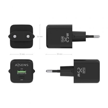 Cargador de Pared GaN Aisens ASCH-25W2P015-BK/ 1xUSB Tipo-C/ 1xUSB/ 25W