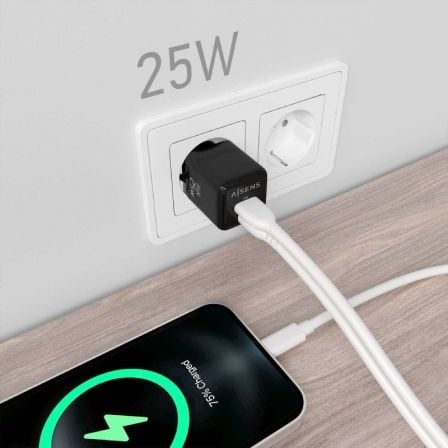 Cargador de Pared GaN Aisens ASCH-25W2P015-BK/ 1xUSB Tipo-C/ 1xUSB/ 25W
