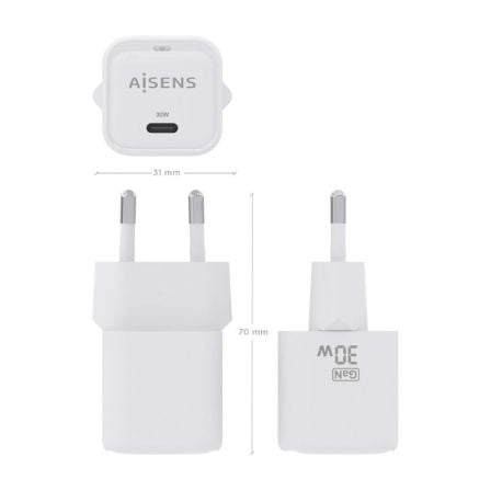 Cargador de Pared GaN Aisens ASCH-30W1P018-W/ 1xUSB Tipo-C/ 30W