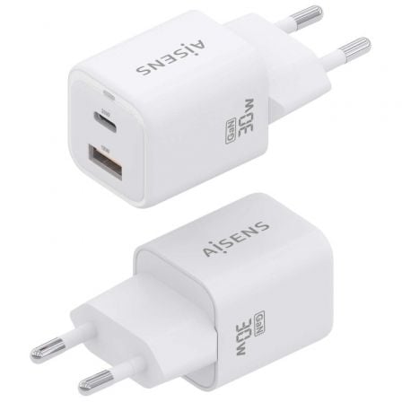 Cargador de Pared GaN Aisens ASCH-30W2P020-W/ 1xUSB Tipo-C/ 1xUSB/ 30W