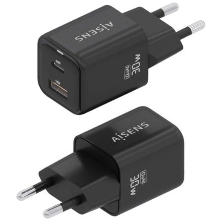 Cargador de Pared GaN Aisens ASCH-30W2P021-BK/ 1xUSB Tipo-C/ 1xUSB/ 30W