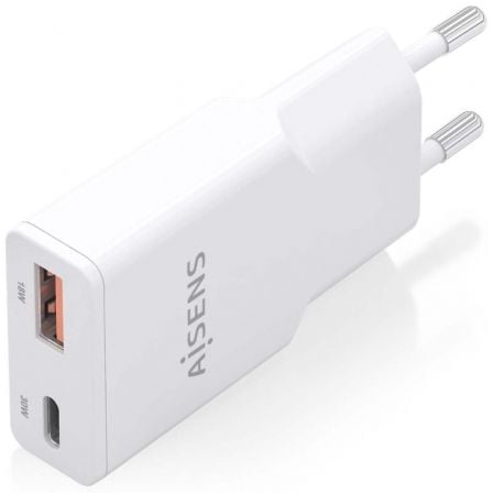 Cargador de Pared GaN Aisens ASCH-30W2P046-W/ 1xUSB Tipo-C/ 1xUSB/ 30W/ Blanco