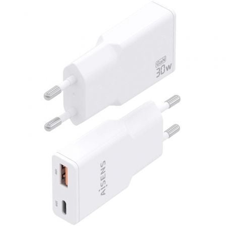 Cargador de Pared GaN Aisens ASCH-30W2P046-W/ 1xUSB Tipo-C/ 1xUSB/ 30W/ Blanco