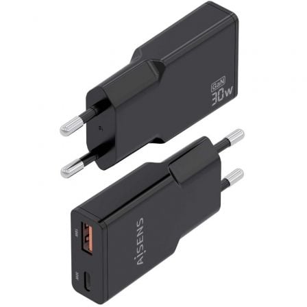 Cargador de Pared GaN Aisens ASCH-30W2P047-BK/ 1xUSB Tipo-C/ 1xUSB/ 30W/ Negro