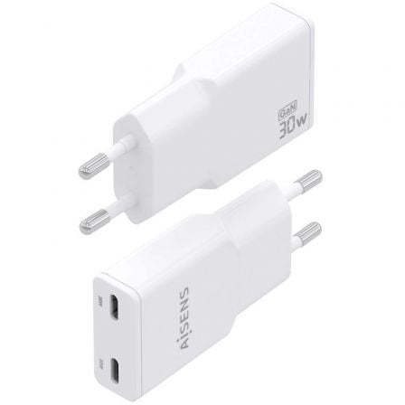 Cargador de Pared GaN Aisens ASCH-30W2P048-W/ 2xUSB Tipo-C/ 30W/ Blanco