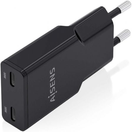 Cargador de Pared GaN Aisens ASCH-30W2P049-BK/ 2xUSB Tipo-C/ 30W/ Negro