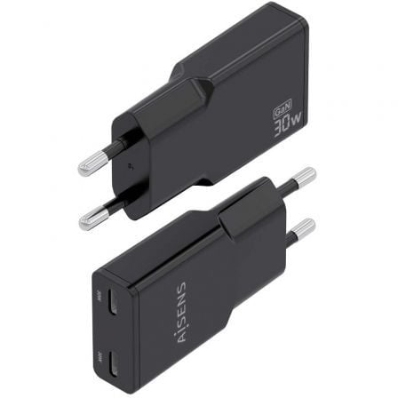 Cargador de Pared GaN Aisens ASCH-30W2P049-BK/ 2xUSB Tipo-C/ 30W/ Negro