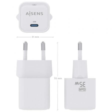 Cargador de Pared GaN Aisens ASCH-35W1P022-W/ 1xUSB Tipo-C/ 35W
