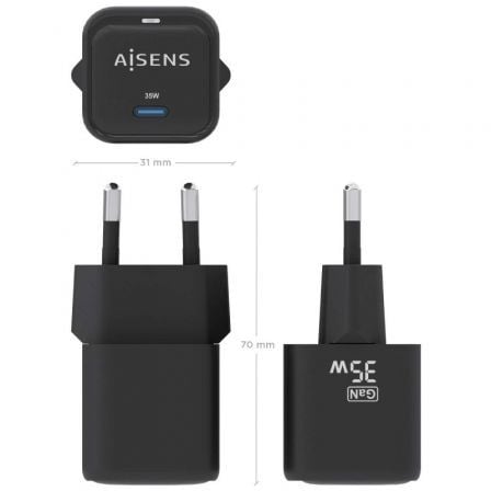 Cargador de Pared GaN Aisens ASCH-35W1P023-BK/ 1xUSB Tipo-C/ 35W