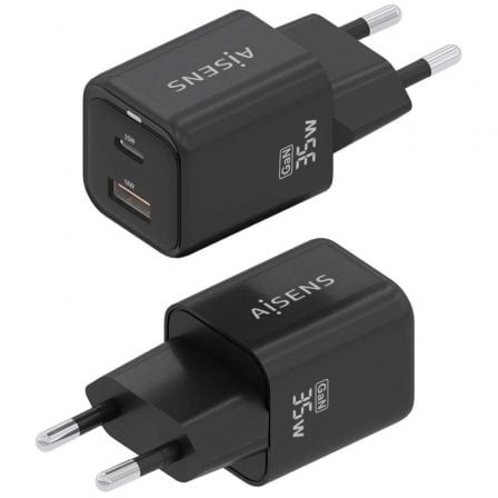 Cargador de Pared GaN Aisens ASCH-35W2P025-BK/ 1xUSB Tipo-C/ 1xUSB/ 35W