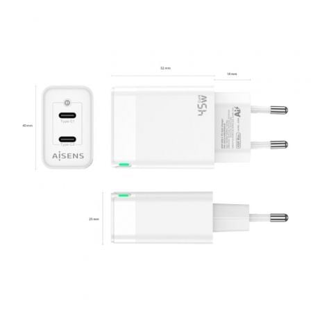 Cargador de Pared GaN Aisens ASCH-45W2P005-W/ 2xUSB Tipo-C/ 45W