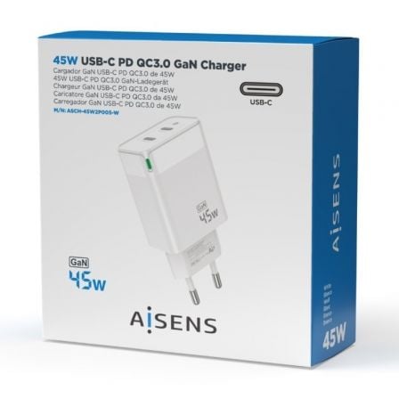 Cargador de Pared GaN Aisens ASCH-45W2P005-W/ 2xUSB Tipo-C/ 45W