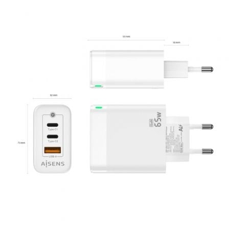 Cargador de Pared GaN Aisens ASCH-65W3P007-W/ 2xUSB Tipo-C/ 1x USB/ 65W