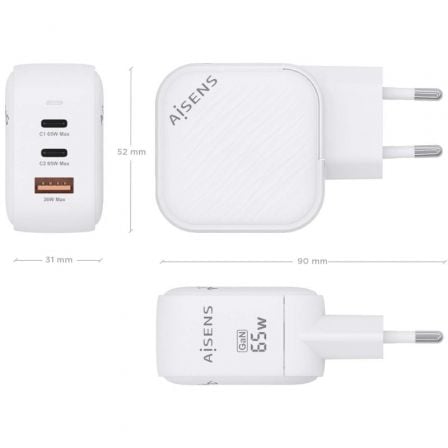 Cargador de Pared GaN Aisens ASCH-65W3P026-W/ 2xUSB Tipo-C/ 1xUSB/ 65W