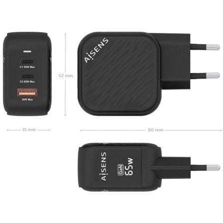 Cargador de Pared GaN Aisens ASCH-65W3P027-BK/ 2xUSB Tipo-C/ 1xUSB/ 65W