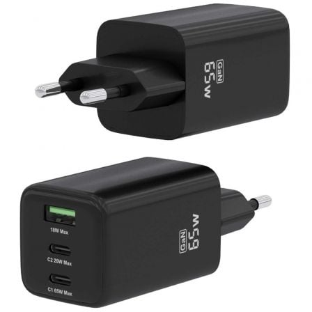 Cargador de Pared GaN Aisens ASCH-65W3P042-BK/ 2xUSB Tipo-C/ 1xUSB/ 65W
