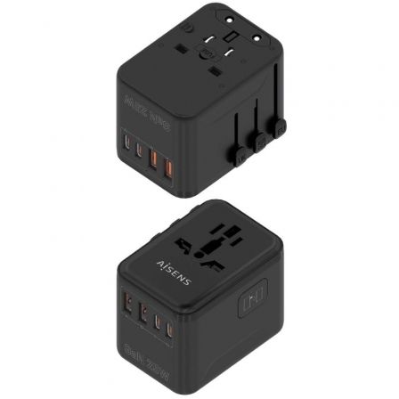 Cargador de Pared Universal GaN para Viaje Aisens ASPS-2A2C08-BK/ Toma de Corriente Universal/ 2xUSB Tipo-C/ 2xUSB/ 25W