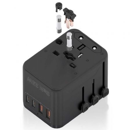 Cargador de Pared Universal GaN para Viaje Aisens ASPS-2A2C08-BK/ Toma de Corriente Universal/ 2xUSB Tipo-C/ 2xUSB/ 25W