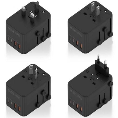 Cargador de Pared Universal GaN para Viaje Aisens ASPS-2A2C08-BK/ Toma de Corriente Universal/ 2xUSB Tipo-C/ 2xUSB/ 25W