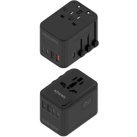 Cargador de Pared Universal GaN para Viaje Aisens ASPS-2A3C09-BK/ Toma de Corriente Universal/ 3xUSB Tipo-C/ 2xUSB/ 35W