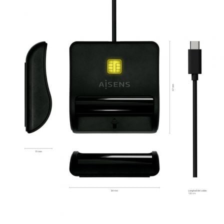 Lector de DNI USB Tipo-C Aisens ASCR-SN03C-BK/ USB Tipo-C/ Negro