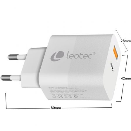 Cargador de Pared GaN Leotec LECSPH30W2W/ 1xUSB Tipo-C/ 1xUSB/ 30W