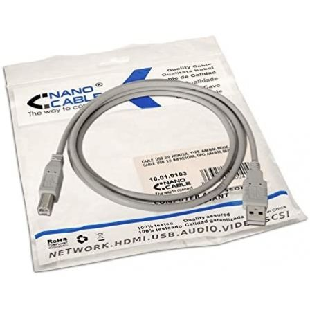 Cable USB 2.0 Impresora Nanocable 10.01.0103/ USB Tipo-B Macho - USB Macho/ 1.8m/ Beige