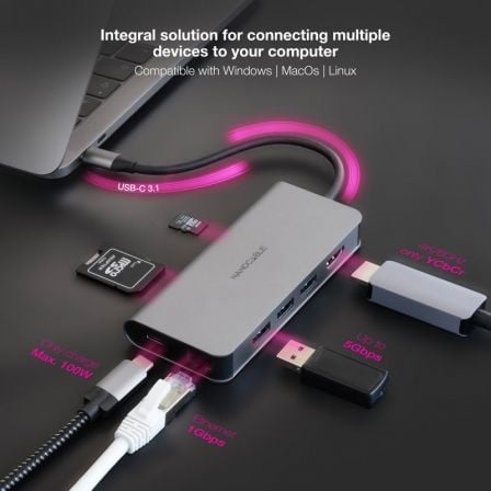 Docking Tipo-C Nanocable 10.16.4609/ 3xUSB/ 1xHDMI 4K/ 1xRJ45/ 1xLector tarjetas/ 1xUSB Tipo-C PD/ Gris