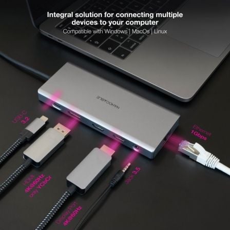 Docking Tipo-C Nanocable 10.16.4612/ 3xUSB/ 1xUSB Tipo-C/ 2xHDMI 4K/ 1xDisplayPort/ 1xRJ45/ 1xLector tarjetas/ 1xJack 3.5/ 1xUSB Tipo-C PD/ Gris
