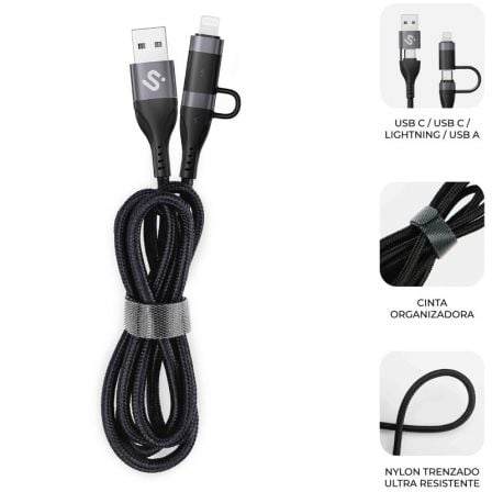 Cable USB 2.0 Tipo-C Subblim Top 4 en 1/ USB Tipo-C Macho - USB Macho/ USB Tipo-C Macho - Lightning Macho/ Hasta 60W/ 480Mbps/ 1m/ Negro