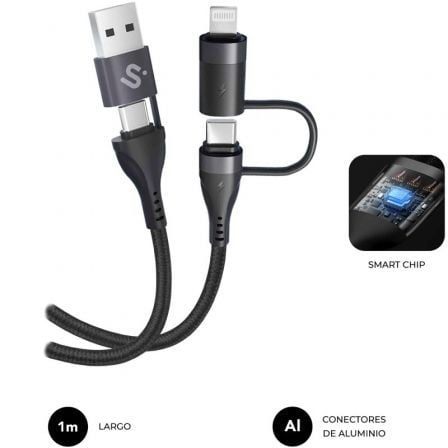 Cable USB 2.0 Tipo-C Subblim Top 4 en 1/ USB Tipo-C Macho - USB Macho/ USB Tipo-C Macho - Lightning Macho/ Hasta 60W/ 480Mbps/ 1m/ Negro