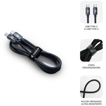 Cable USB 2.0 Tipo-C Subblim Optimus/ USB Tipo-C Macho - USB Tipo-C Macho/ Hasta 60W/ 480Mbps/ 2m/ Negro