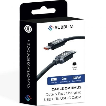Cable USB 2.0 Tipo-C Subblim Optimus/ USB Tipo-C Macho - USB Tipo-C Macho/ Hasta 60W/ 480Mbps/ 2m/ Negro