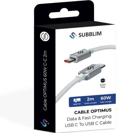 Cable USB 2.0 Tipo-C Subblim Optimus/ USB Tipo-C Macho - USB Tipo-C Macho/ Hasta 60W/ 480Mbps/ 2m/ Blanco