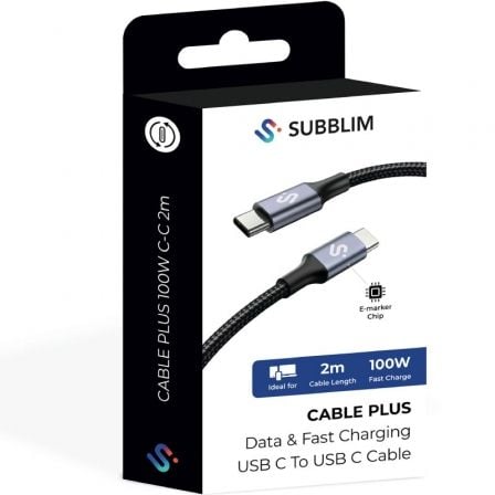 Cable USB 2.0 Tipo-C Subblim Plus/ USB Tipo-C Macho - USB Tipo-C Macho/ Hasta 100W/ 480Mbps/ 2m/ Negro