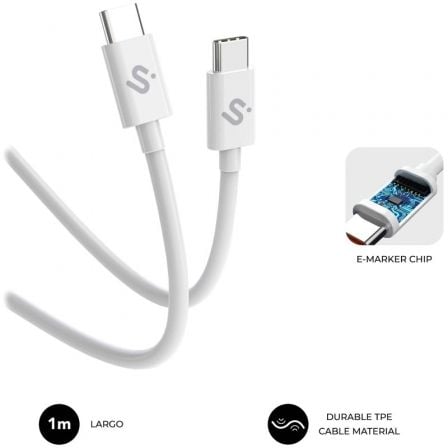 Cable USB 2.0 Tipo-C Subblim Cable Plus/ USB Tipo-C Macho - USB Tipo-C Macho/ Hasta 100W/ 480Mbps/ 1m/ Blanco