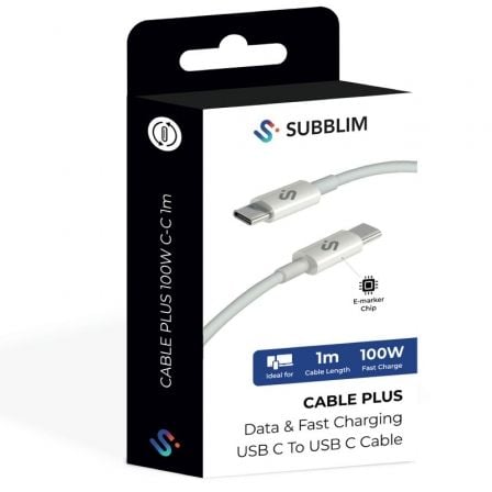Cable USB 2.0 Tipo-C Subblim Cable Plus/ USB Tipo-C Macho - USB Tipo-C Macho/ Hasta 100W/ 480Mbps/ 1m/ Blanco