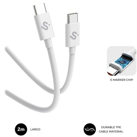 Cable USB 2.0 Tipo-C Subblim Cable Plus/ USB Tipo-C Macho - USB Tipo-C Macho/ Hasta 100W/ 480Mbps/ 2m/ Blanco