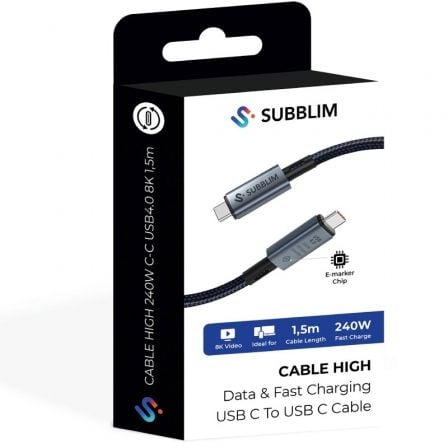 Cable USB 4.0 Tipo-C Subblim Cable High/ USB Tipo-C Macho - USB Tipo-C Macho/ Hasta 240W/ 1.5m/ Negro
