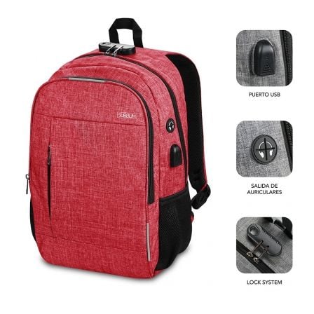 Mochila Subblim Urban Lock para Portátiles hasta 16"/ Puerto USB/ Antirrobo/ Roja