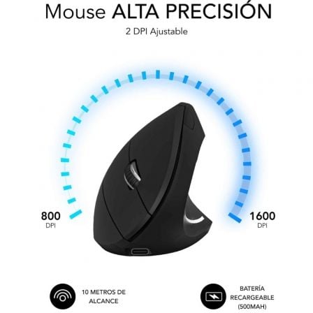 Ratón Vertical Inalámbrico por Bluetooth/ 2.4GHz Subblim Glide Vertical Ergo Dual Battery/ Batería Recargable/ Hasta 1600 DPI/ Negro
