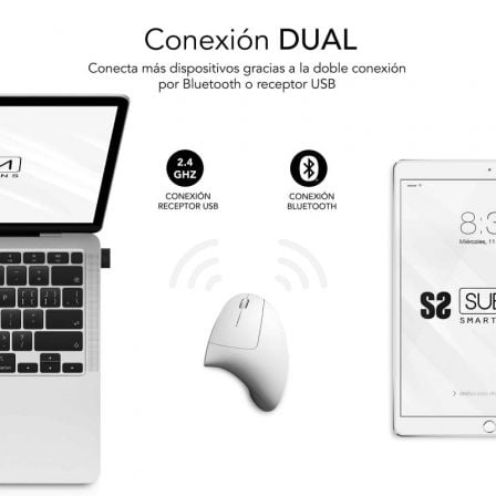 Ratón Vertical Inalámbrico por Bluetooth/ 2.4GHz Subblim Glide Vertical Ergo Dual Battery/ Batería Recargable/ Hasta 1600 DPI/ Blanco