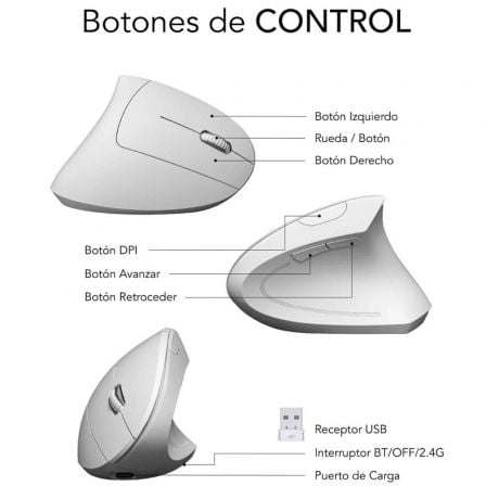 Ratón Vertical Inalámbrico por Bluetooth/ 2.4GHz Subblim Glide Vertical Ergo Dual Battery/ Batería Recargable/ Hasta 1600 DPI/ Blanco