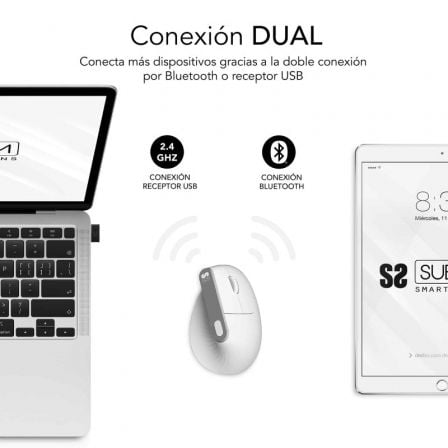 Ratón Vertical Inalámbrico por Bluetooth/ 2.4GHz Subblim Nature Vertical Ergo Dual Battery/ Batería Recargable/ Hasta 4000 DPI/ Blanco