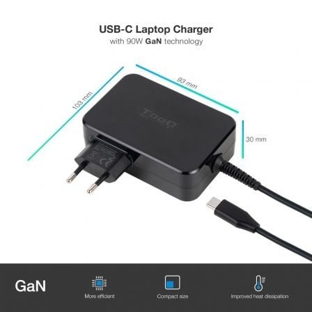 Cargador de Portátil GaN TooQ TQLC-USBCGAN90PD USB Tipo-C/ 90W/ Automático/ Voltaje 5-20V